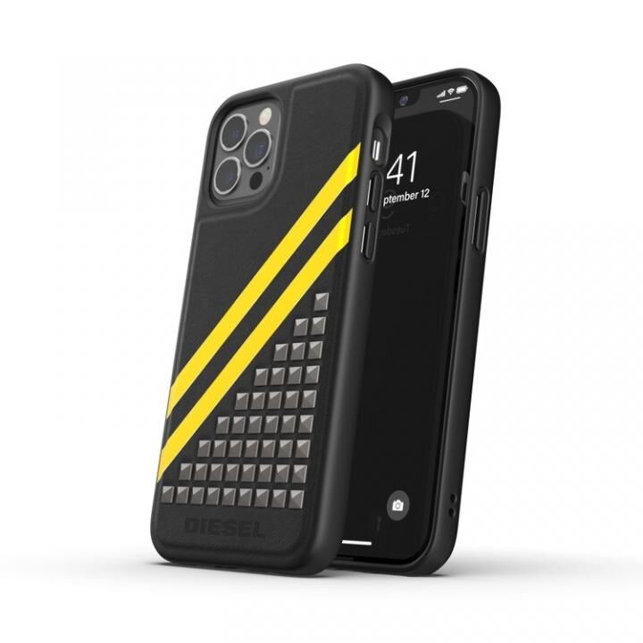 DIESEL Premium Leather Studs Case SS21 Black/Yellow iPhone 12/12 Pro_0