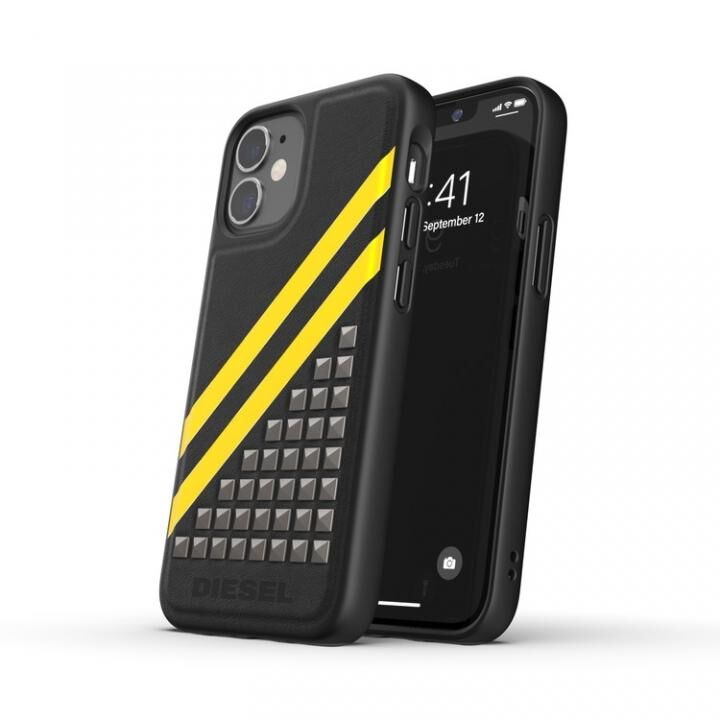 DIESEL Premium Leather Studs Case SS21 Black/Yellow iPhone 12 mini_0
