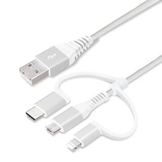 Lightning/Type-C/Micro USB 3in1 USBタフケーブル 1m ホワイト/シルバー