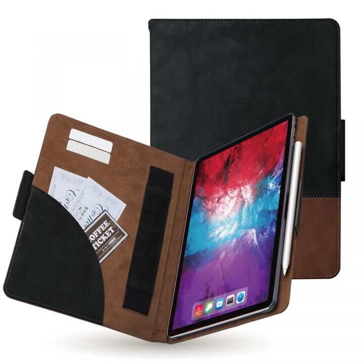 レザーケース 手帳型 カード収納 マグネット式フラップ ハンドベルト付 ブラック×ブラウン iPad Pro 2020/2018 11インチ_0