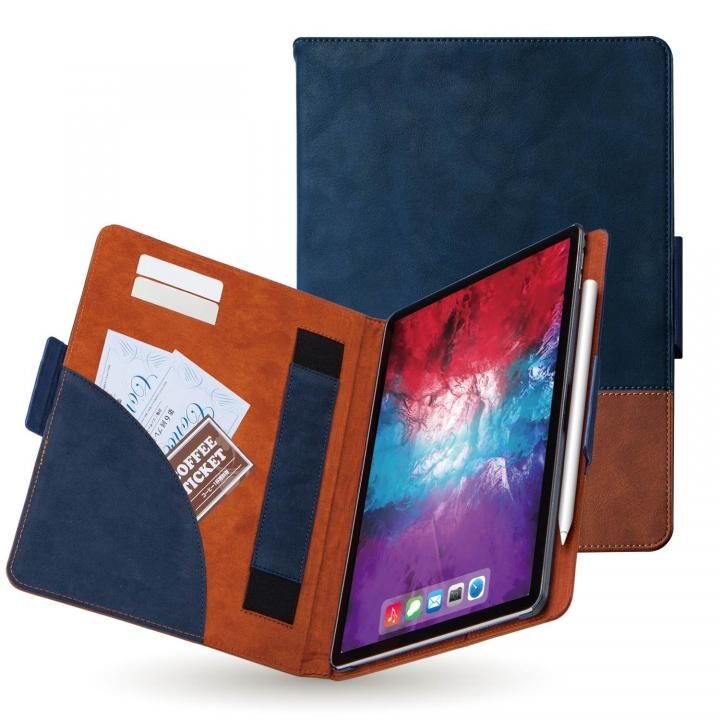 レザーケース 手帳型 カード収納 マグネット式フラップ ハンドベルト付 ブルー×ブラウン iPad Pro 2020 11インチ_0